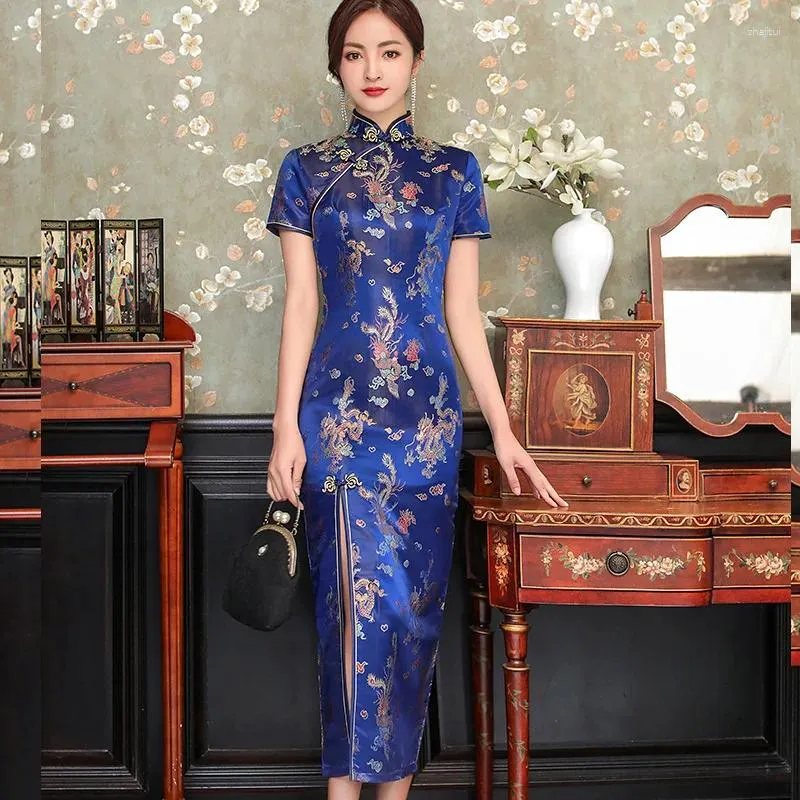 Ethnic Clothing Sexy Brocade Satin Long Fork Cheongsam Chinese Classic Women's Qipao Elegant Short Sleeve Novelty Wedding Evening Dress 4XL