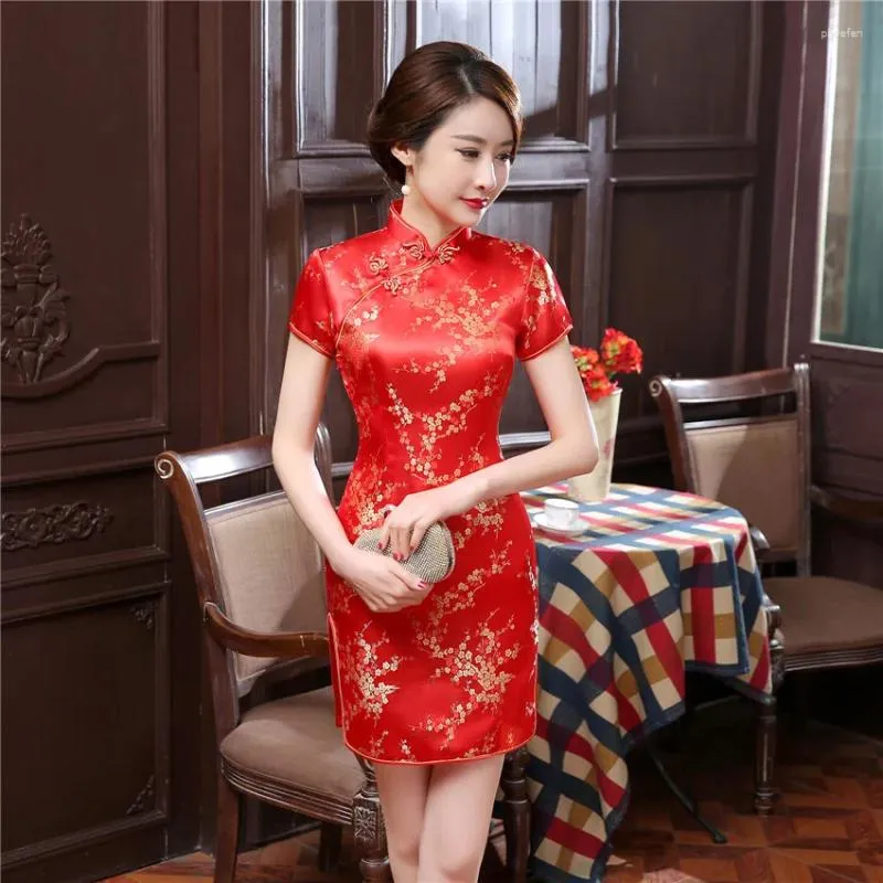 Etnische kleding Oosterse rode klassieke cheongsam vintage knop vrouwen vestidos avondjurk mandarijn kraag bloem Chinese jurken qipao