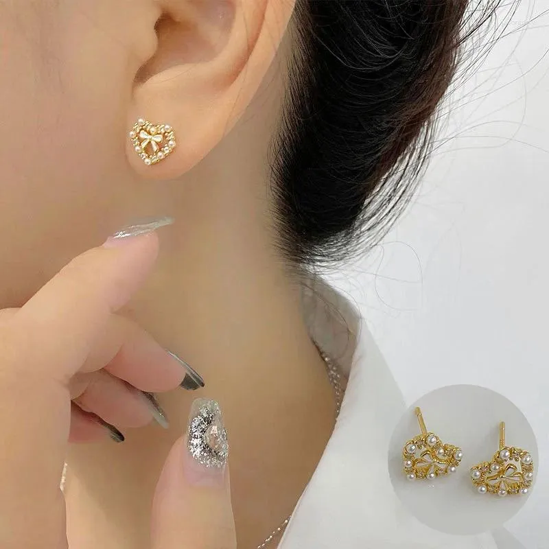 Stud Earrings 925 Sterling Silver Zircon Bowknot Earring For Women Girl Pearl Fashion Love Heart Design Jewelry Party Gift Drop