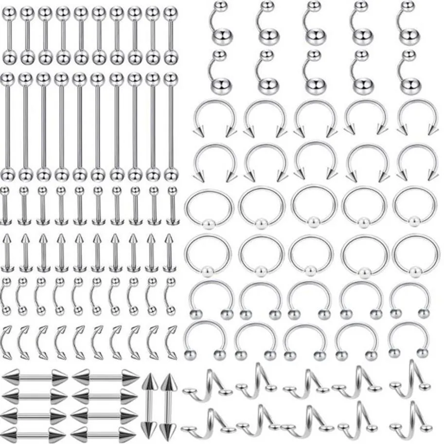 Ringar smyckenbody smycken hela 120 st mix stilar rostfritt stål kropp piercing tunga ögonbryn magen ring aessory släpp 255q