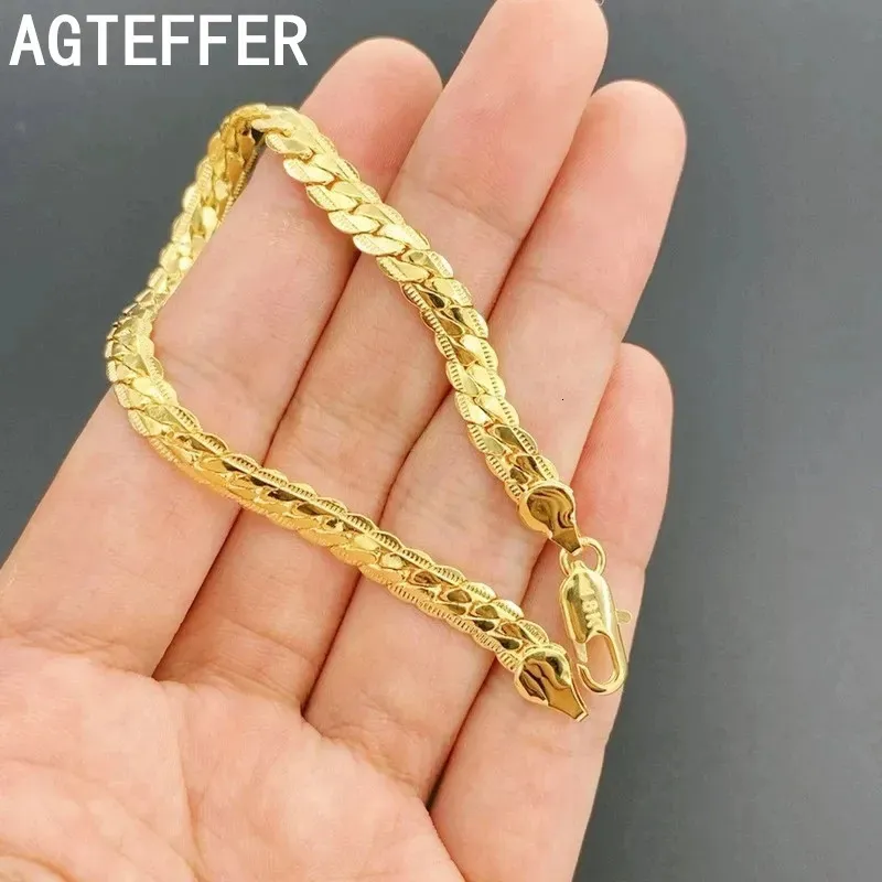 Kette 8 Zoll 18K Gold Armband 5MM seitliches Kettenarmband für Damen Herren Mode Hochzeit Verlobung 925 Sterling Silber Schmuck Geschenke 231025