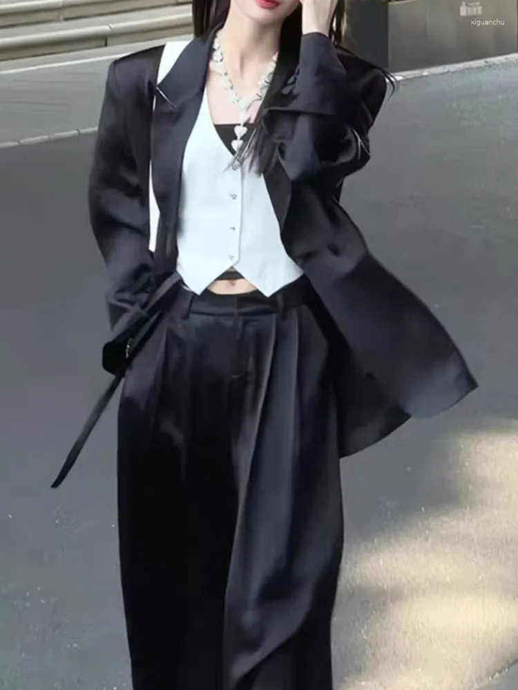 Kvinnors tvåbitar byxor Fashion Solid Black Blazer Suit Women Vintage Lapel Casual Jacket och 2 stycken Set Autumn Chic Office Lady Pantsuits