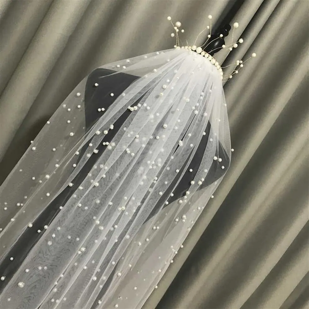 Kvinnor Tulle Bridal Veil Pearl Wedding 1 Tier Short Long Veil White Ivory Wedding Accessories With Comb X0726253D