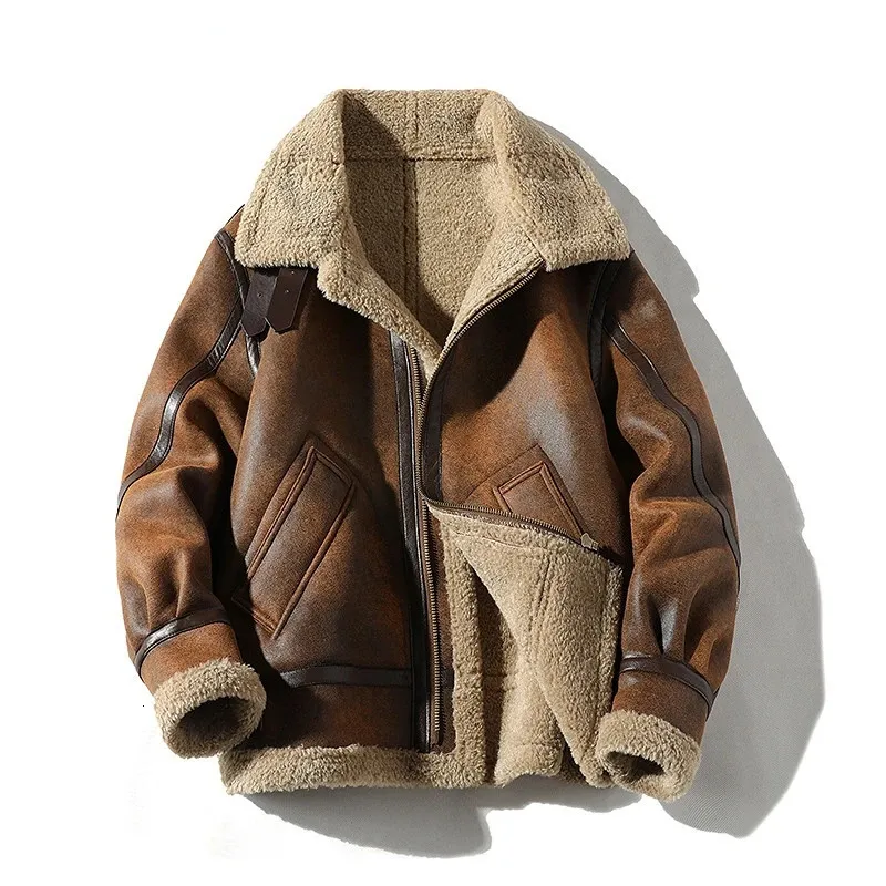 Мужские куртки Мужская замшевая кожаная куртка больших размеров Зимняя теплая верхняя одежда Мотоциклетное пальто из искусственного меха ягненка M-5XL 231026