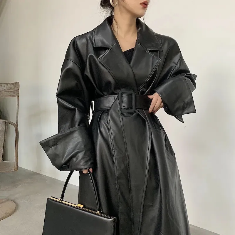 Couro feminino falso couro lautaro longo casaco de couro oversized para mulheres manga longa lapela ajuste solto outono elegante preto roupas femininas streetwear 231025