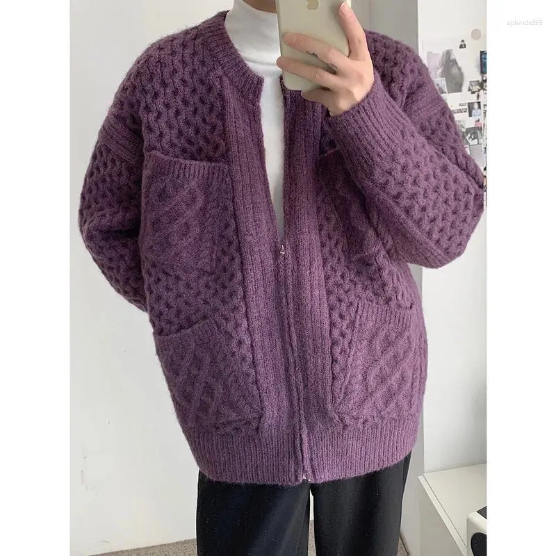 Herrtröjor 2023 vinter 3 färg casual blixtlås stickning multi pocket cardigan mode trend ull tröja hålla varma rockar plus storlek m-xl