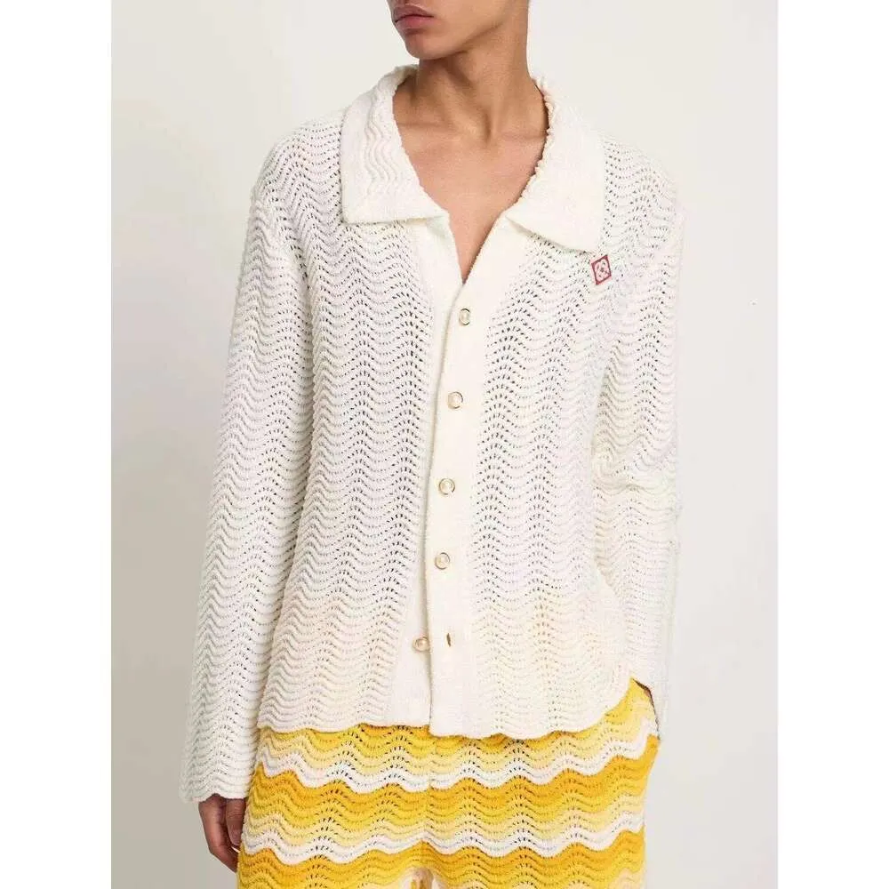 23SS Casablanca Men Designer Sweater Coats Fashion Print Vintage Ripple Cutout Wool Knit Cardigan Pearl Button Casual Versatile Sweater Jacket Trend Top Casablanc
