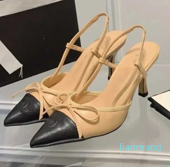 Sandaler 7cm designer Newwomen Party Dress Shoes Channel Kitten klackar Bowknot Slingback Summer Womens Designer Shoes Pointed Shoe