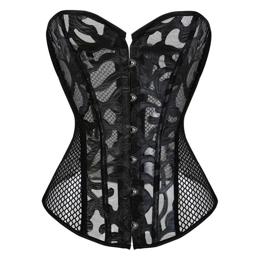 Plus Size Lace Mesh Corset Bustier S-6XL Black White Ultra Light-Weight Hollow-Out Fish Net Back Overbust Corselet No Ruffle Trim272i