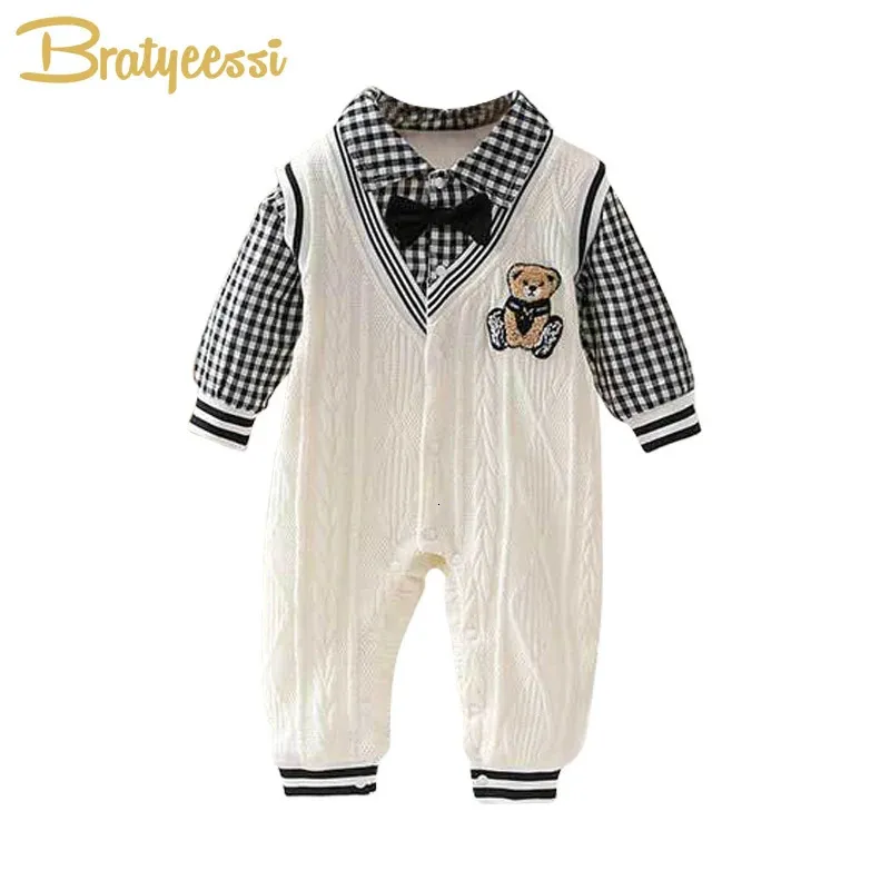 Rompers Baby Romper Knitted Cartoon Bear Baby Boys Girl Clothes Long Sleeves Autumn Kids Jumpsuits Toddler Infant Clothing 231025