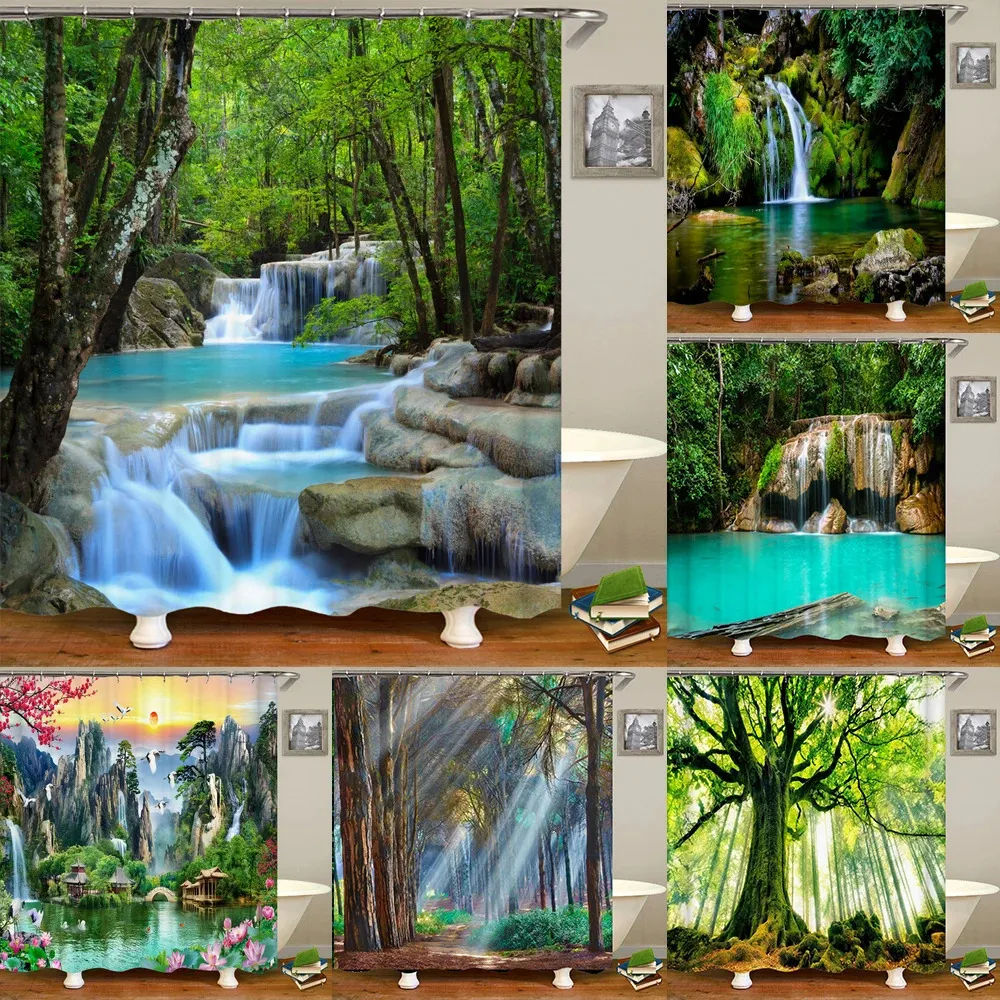 Duş Perdeleri 3D Baskı Yeşil Orman Şelalesi Duş Perdeleri Su geçirmez banyo perdesi kanca ile banyo perdesi 180*200 polyester kumaş 231025