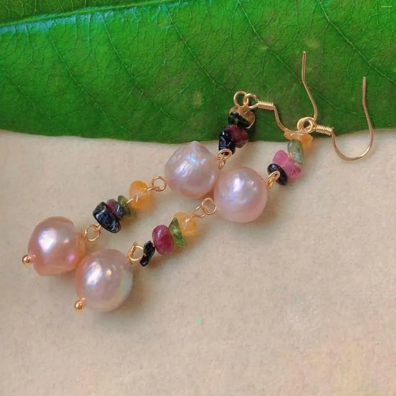 Kolczyki Dangle 10-11 mm Naturalne barokowe różowe perły turmalinowe złoto ucho Hook Mother's Dnia Święto Dziękczynienia