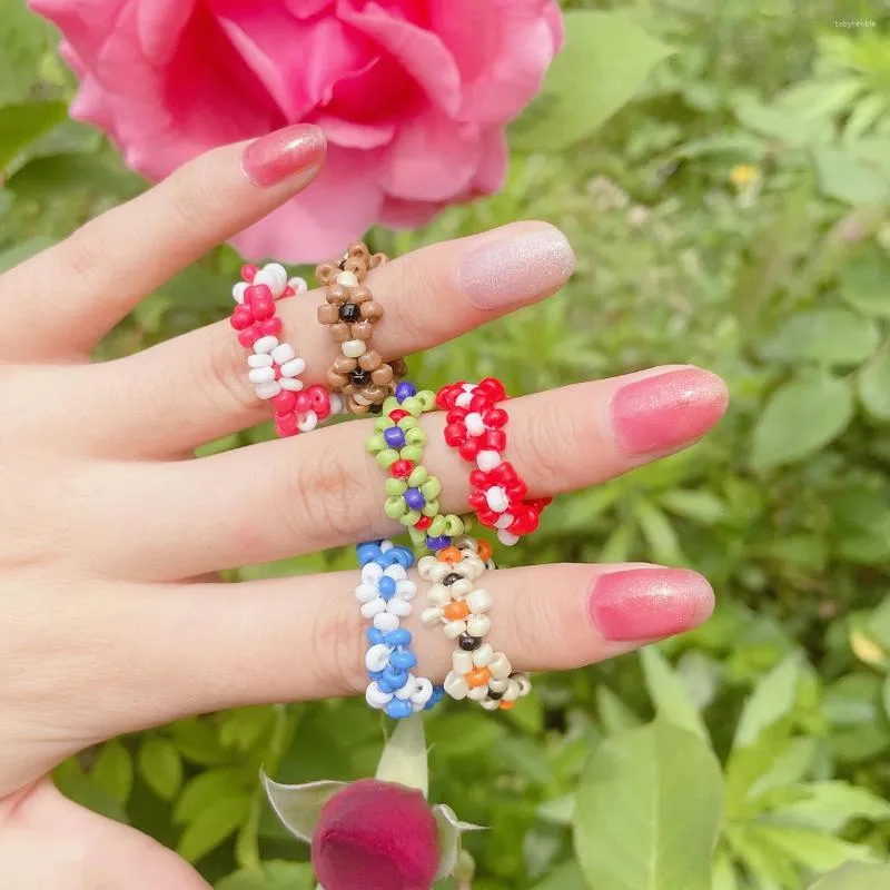 Cluster Ringe Dame Koreanische Bunte Böhmen Kleine Blume Ring Handgemachte Multi Perlen Reis Perlen Für Frauen Strand Schmuck Geschenke