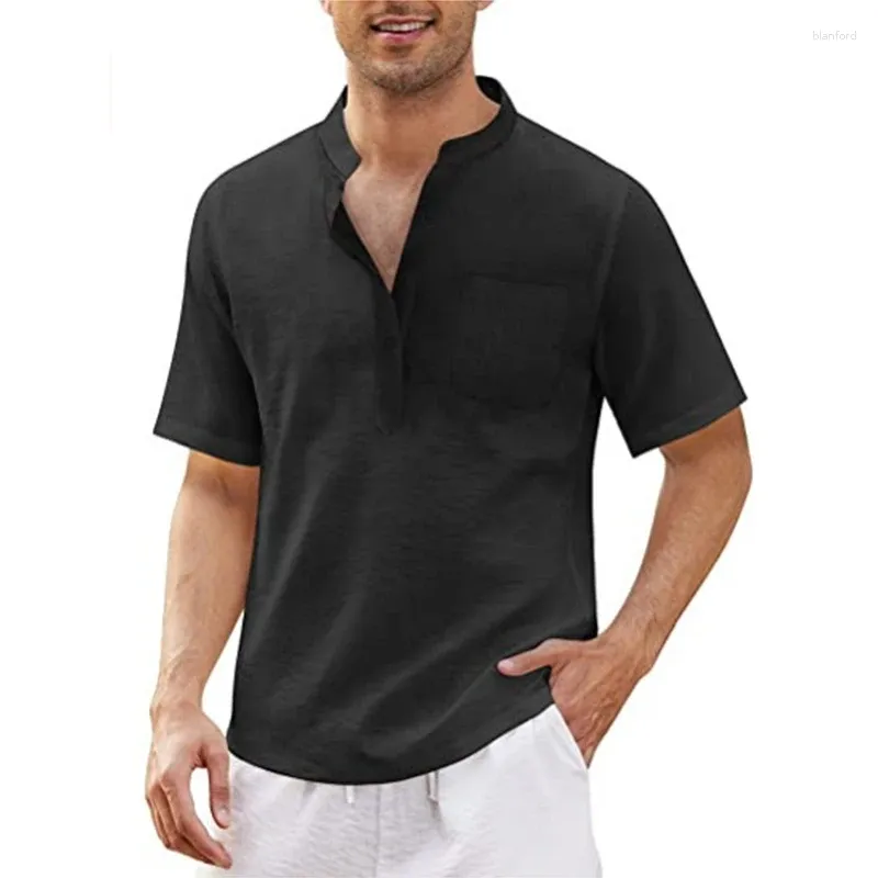 Camisas casuais masculinas 2023 linho v pescoço botões t polo masculino cor sólida manga curta algodão camiseta tops roupas masculinas