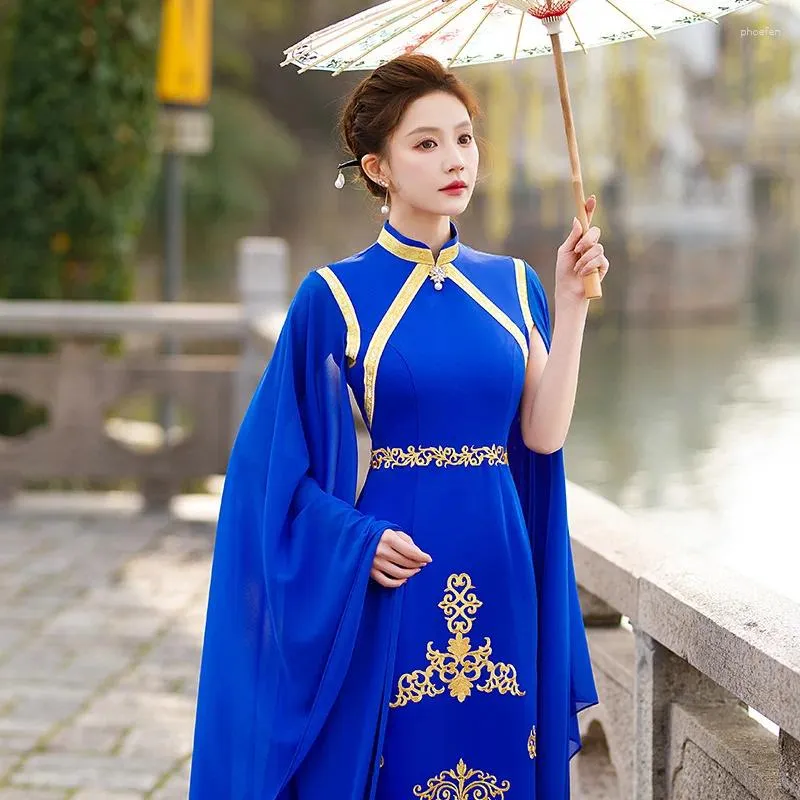Ropa étnica Vintage Azul Qipao Elegante Mujeres Alto Split Cheongsam Mandarin Collar Vestido Chino Vestidos