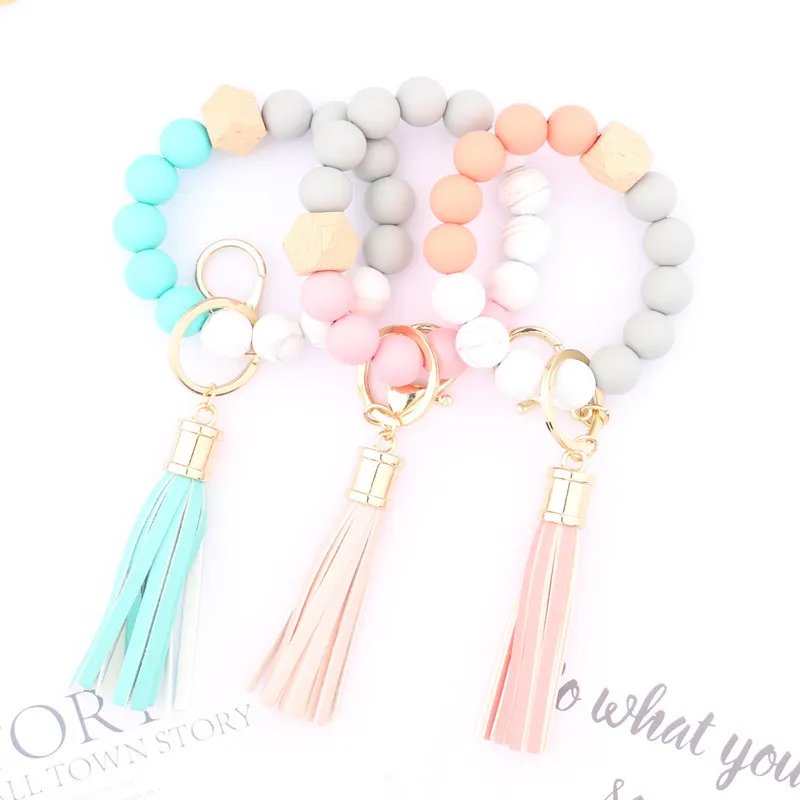 Wooden Tassel Bead String Bracelet Keychain Food Grade Silicone Beads Bracelets Women Girl Key Ring Chain Wrist Strap Pendant Leather Party Favor Gifts