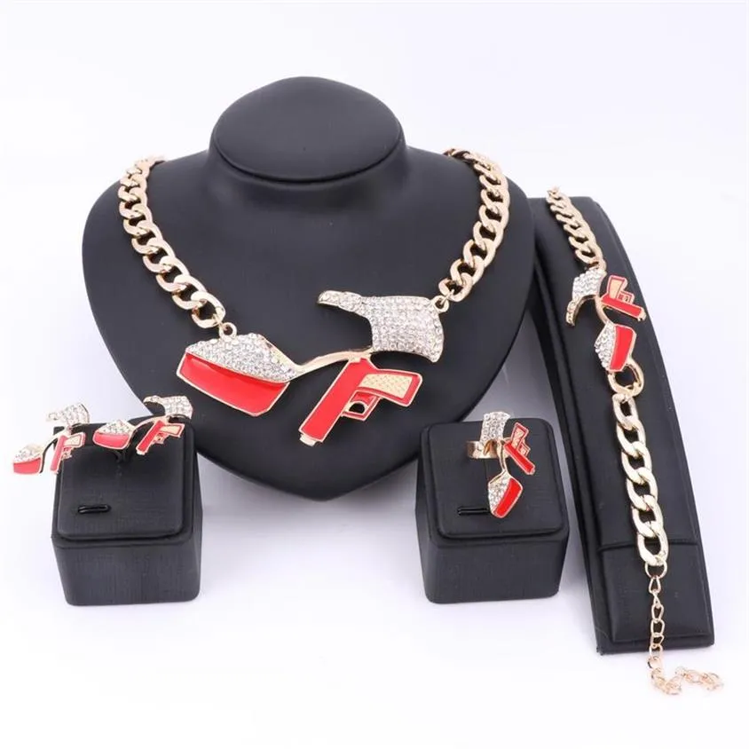 Fashion Hip Hop Golden Statement Red Emamel Crystal Pistol High-Heeled Shoes Pendant Party Gift Halsband Armband Earring Ring254W