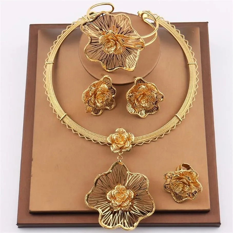 Orecchini Collana Dubai Set di gioielli color oro per le donne Set di anelli per braccialetti per costumi da sposa nigeriani a forma di fiore africano2818