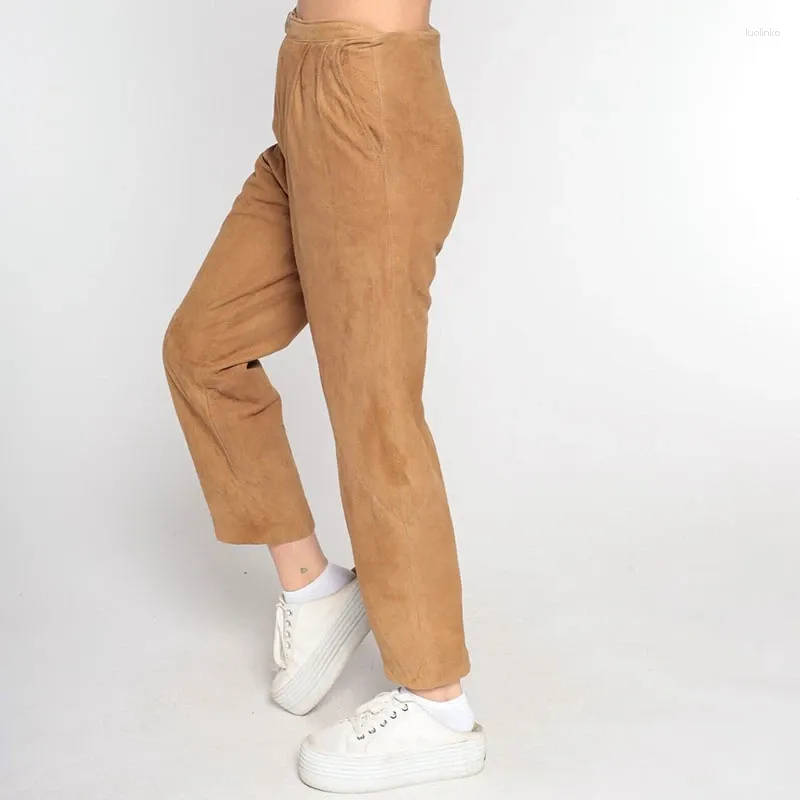 Kadın pantolon kahve süet deri ayak bileği uzunluğu elastik bel gevşek düz pantolonlar gündelik özel kış 2023