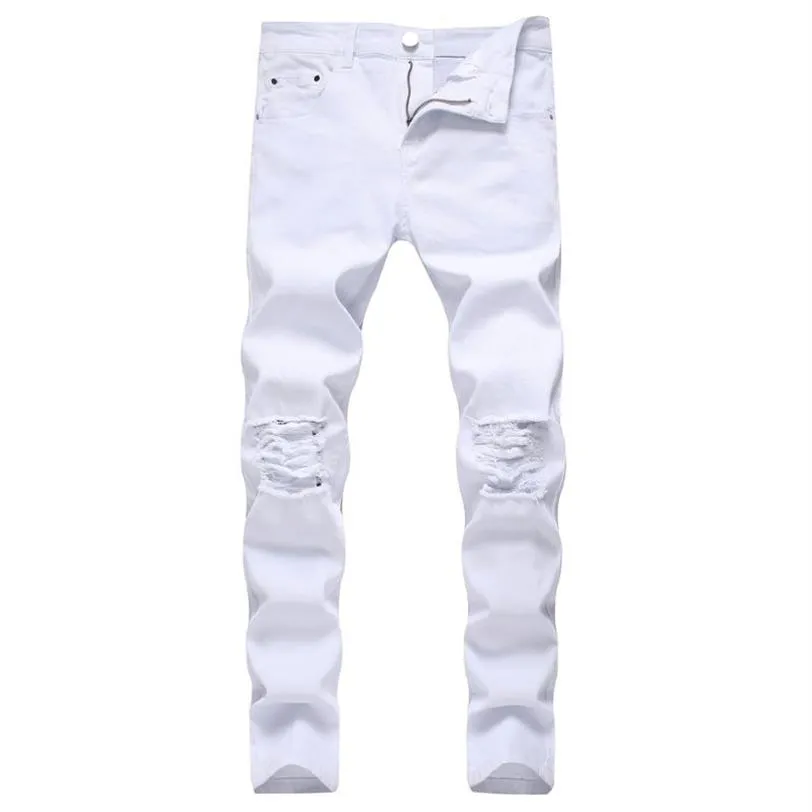 Godlikeu White Mens Jeans Rippided Black Skinnyデニムヒップホップボタンストレッチパンツ264V