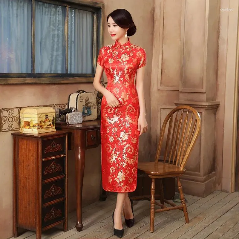 Etnik Giyim Kırmızı Renk Çin Ulusal Uzun Cheongsam Kadın Saten Vinta Vintage Kostüm Sosyalite Kadınlar Kısa Kollu Qipao