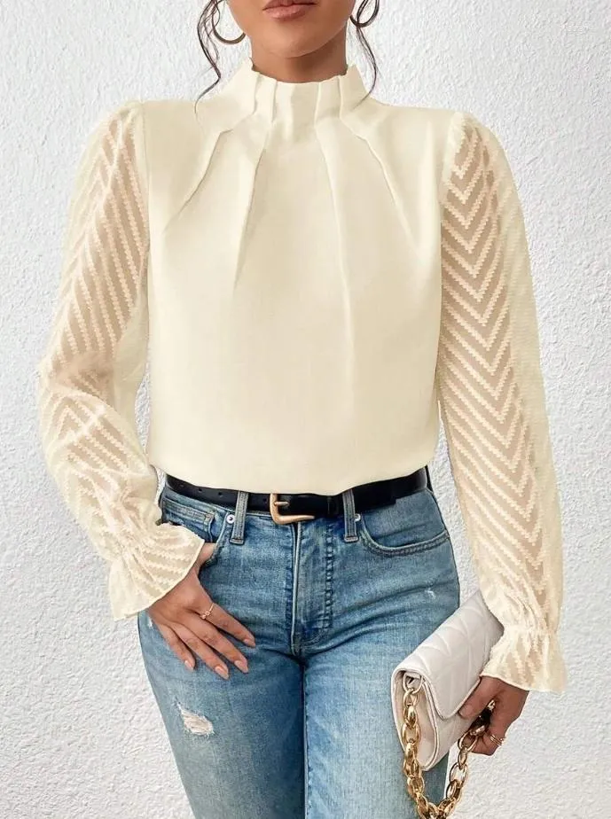 Женские блузки, топ, женская осенняя блузка 2023, повседневная темпераментная шифоновая блузка с высоким воротом в стиле пэчворк, волнистый узор, шифоновые топы с длинными рукавами для