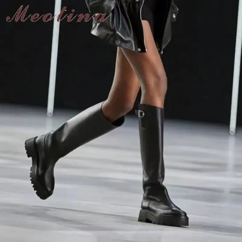 Boots Meotina Brand Design Women Genuine Leather Knee High Riding Ladies Platform Thick Heel Autumn Winter Shoes Beige 41 231026