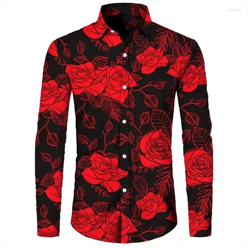 Camisas masculinas primavera e outono casual ao ar livre luxo terno lapela camisa manga longa material macio e confortável floral rosa vermelho padrão HD