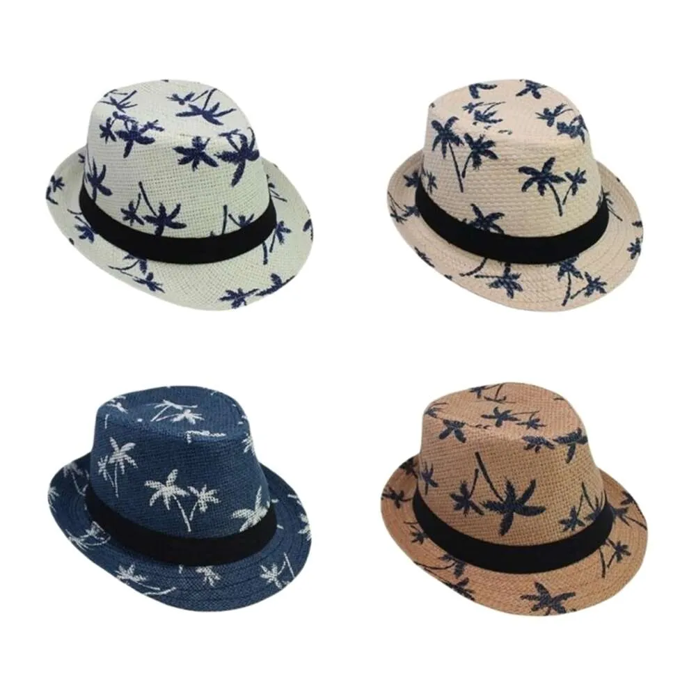 Straw Weave Sun Hat Parent-Child Tropical Coconut Tree Printed Short Curly Brim Retro Jazz Bucket Cap