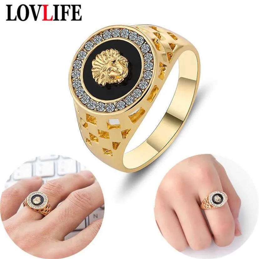 Anéis punk masculinos de cabeça de leão, anel esmaltado de cristal para mulheres, liga de ouro, dedo oco, vintage, hip hop, rock, festa, marca, joias 2480