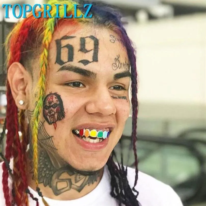 Nowe siedem kolorów zęby grillz górne dolne 18 -karatowe złoto grille dentystyczne usta 6ix9ine hip hop biżuteria biżuteria biżuteria 235Q