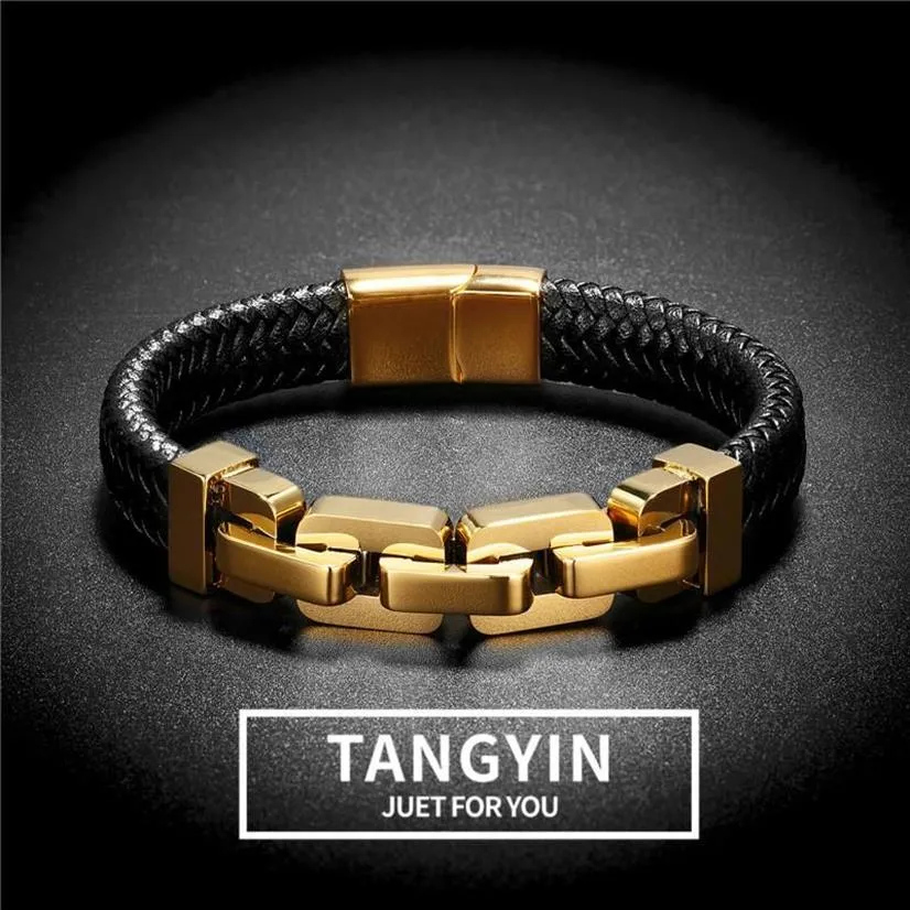 Woven Leather Wrapping Special Style Classic Stainless Steel Locomotive Chain Men's Bracelets For MenCharm Charm236M