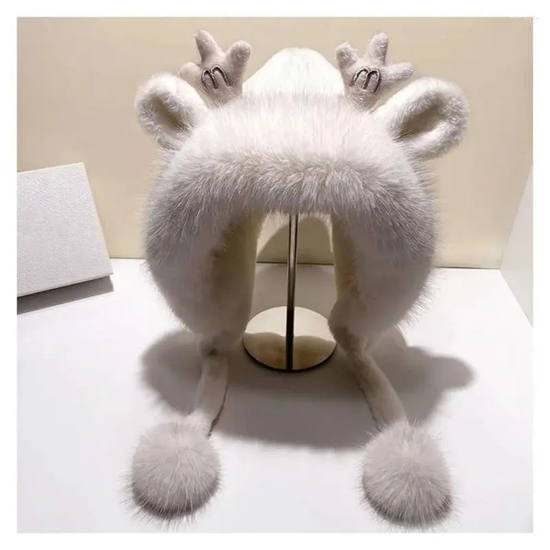 Bérets épaissi en peluche chapeau d'hiver à la mode avec garniture en fourrure mignonne oreilles de bois de chaleur pour les femmes Protection des oreilles élégante