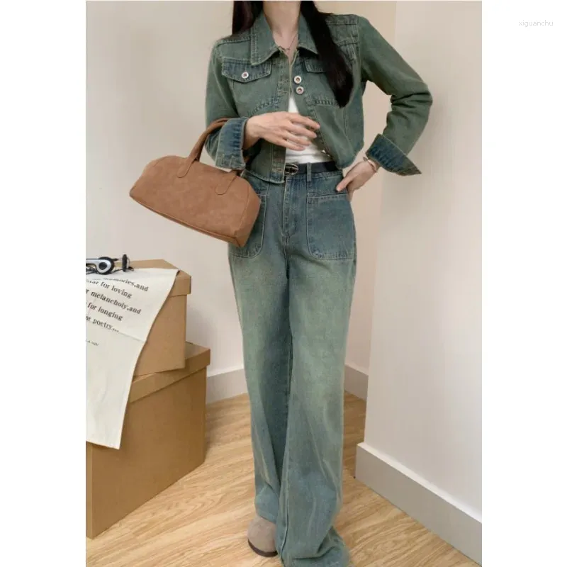 Kvinnors tvådelar Fall denim kostym mode retro set långärmad lapel enkelbröst korta toppjacka baggy jeans 2 st matchning