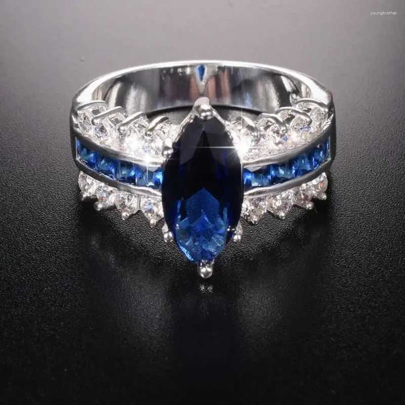 Cluster Rings Marquise Cut 3 Blue Sapphire Wedding Ring For Women Men Luxury Real 925 Sterling Silver Jewelry Gift