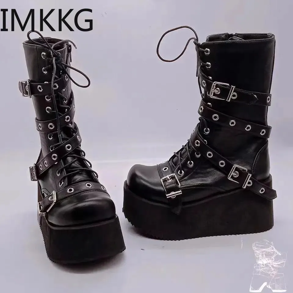 Botas preto gótico motocicleta zip salto alto punk plataforma robusta midcalf mulheres sapatos de mujer tamanho grande 43 231026