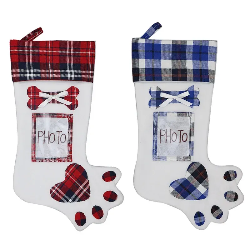 Dog Paw Christmas Stocking Socks Christmas Tree Ornament Strumpor med fotorhållare Hem Julfestdekorationer levererar BH4042