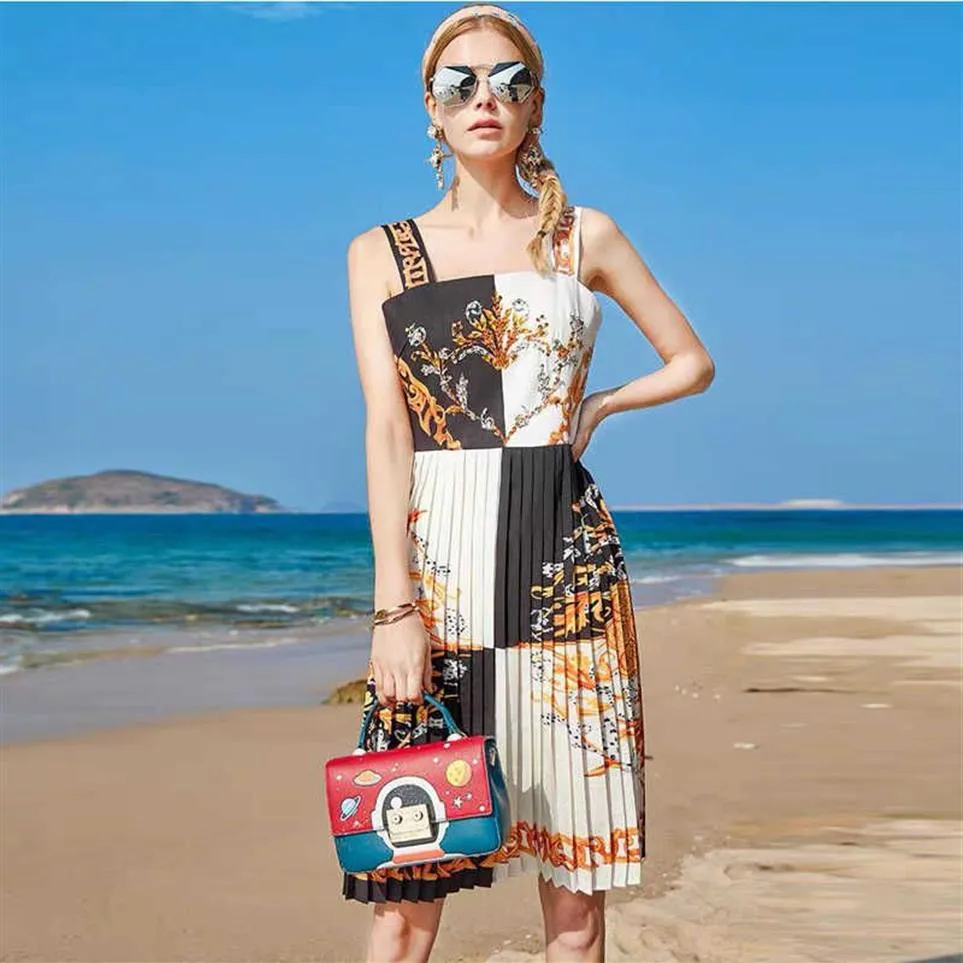 2021 Summer Ny semester Party Dress Women Spaghetti Strap Floral Print Beading Elegant Pleated Barock Vintage Mini Dresses Y2K Q315s