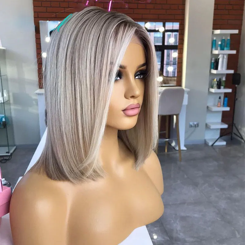 Cheveux humains péruviens Ombre cendré blond coloré court Bob 13x4 perruque avant en dentelle sans colle coupe Pixie perruques frontales synthétiques droites pour les femmes