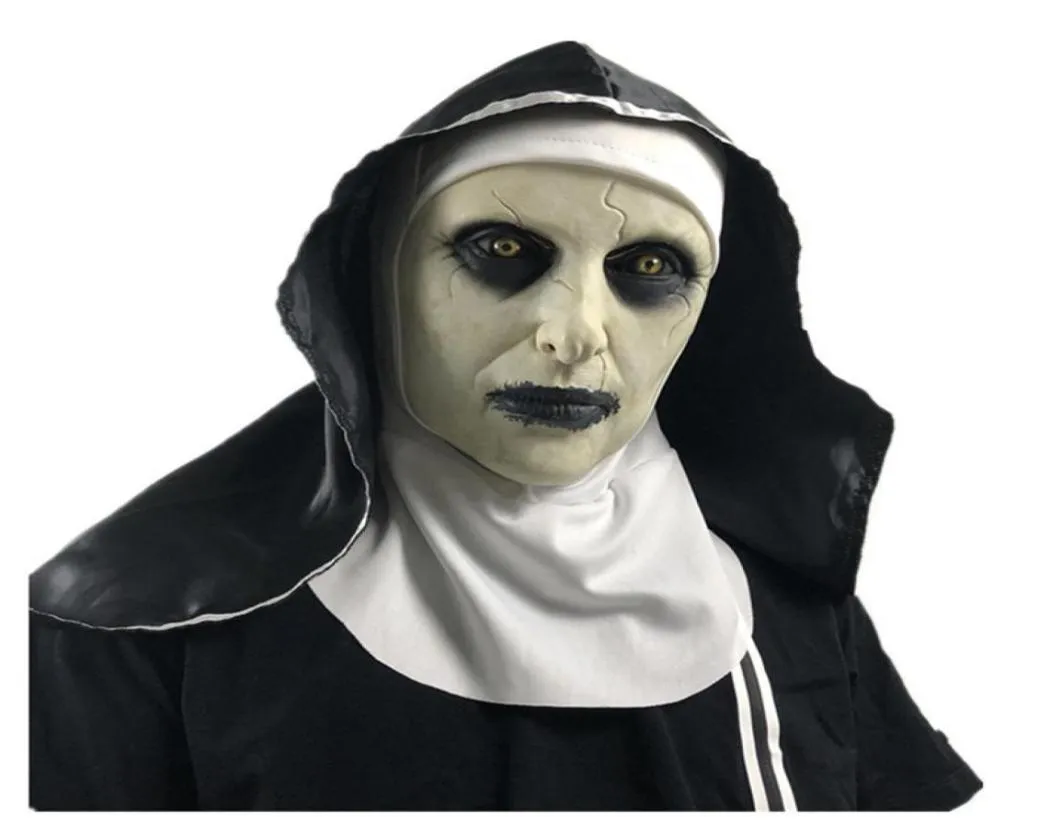 Nun Latex -masken med huvuddukskorfixt terror ansiktsmasker skrämmande cosplay thriller antifaz para fiesta skräckmascara cross hallo3344224