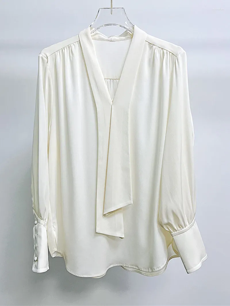 女性用ブラウスシルクリボンVネックシャツ2023レディースエレガントなフランスの長袖の白いブラウス
