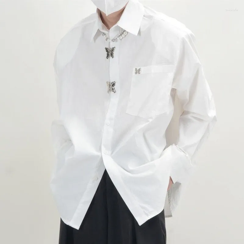 Men's Casual Shirts Shirt Pad Shoulder Long Sleeves Buttons Metal Butterfly Lock Turndown Collar Single-breasted Pocket Tops