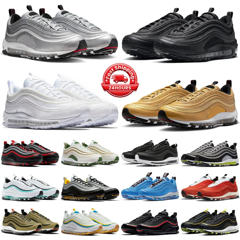 air max 97 Homens Mulheres Tênis de Corrida Triplo Prata Preta Bala De Ouro Brilhante Citron Meia-Marinha Roxo Barato Sapatilhas de Esporte Tênis Esportivos