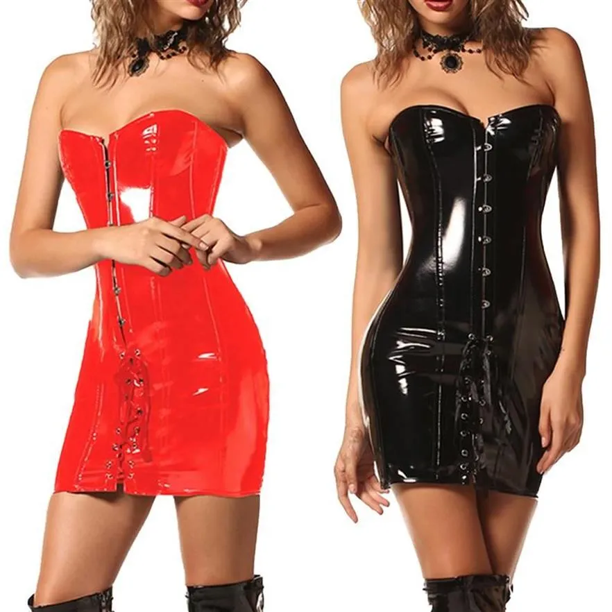 Casual Dresses Womens Wetlook Patent Leather Dress Latex Strapless Corset Ladies Glossy Lace-Up Bodycon Pole Dance Party Clubwear245C