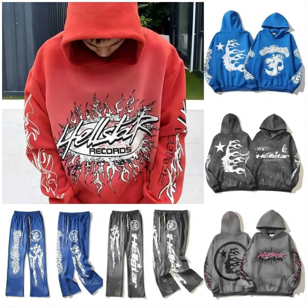 Erkekler Hellstar Pantolon Y2K Vintage Erkekler Hellstar Hoodie Street Giyim Gri Baggy Cehennem Star Hoodie Hoodie Pantolonlar Siyah Hellstar Blue Flare yığılmış kırmızı eşofman kıyafetleri yt2