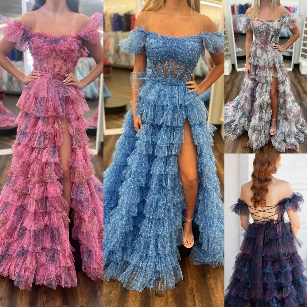 Baskı Çiçek Balo Elbise 2K24 Tutkuk Puffed Omuz Donanma Ruffles Yüksek yarık tulum a-line Lady Pageant Resmi Akşam Etkinlik Partisi Pist Black-Tie Gala Romper