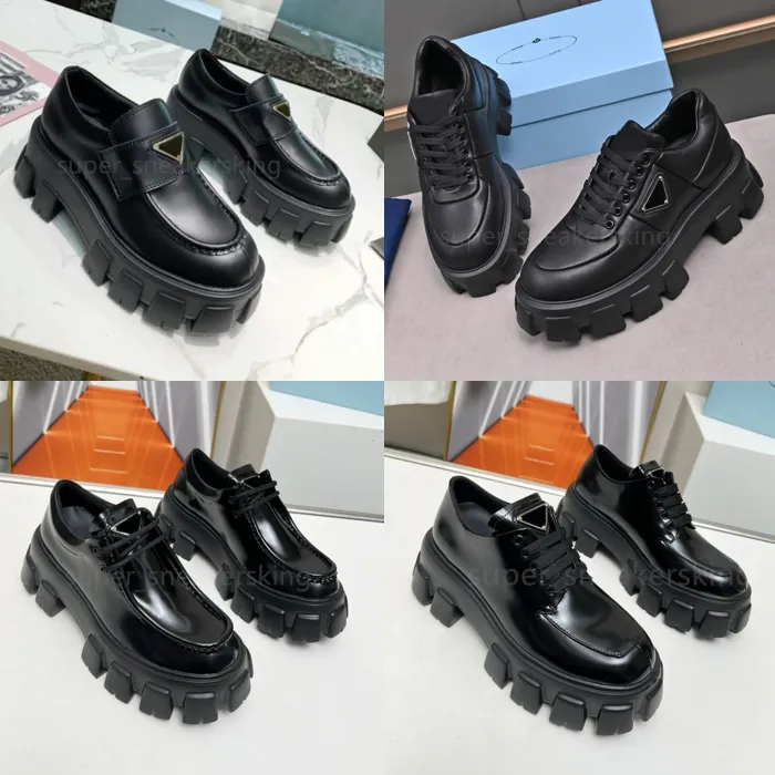 Toppdesigner skor män kvinnor mjuk kohud plattform sneakers loafers gummi svart glänsande läder chunky rund huvud monolit sneaker tjock botten sko med ruta 35-46