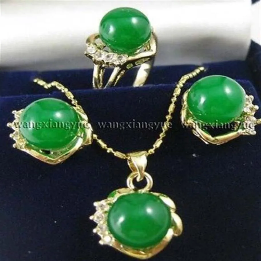 Orecchini in giada verde da 10 mm, anello, collana, pendente, set, orologio placcato, intera pietra di quarzo CZ cristallo232n