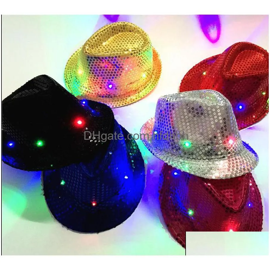 Novel Lighting LED Flash paljetter Glowing Hat Adts Children Hip-Hop Light Up Jazz Cap Dance Club Event Party Birthday Stage Perform Dhqzi