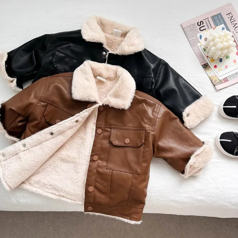 Jacken Jungen Dicke Warme Lederjacke Herbst Winter Weiche Samt Pelz Mäntel Mode Kinder Junge Biker Kinder Kleidung